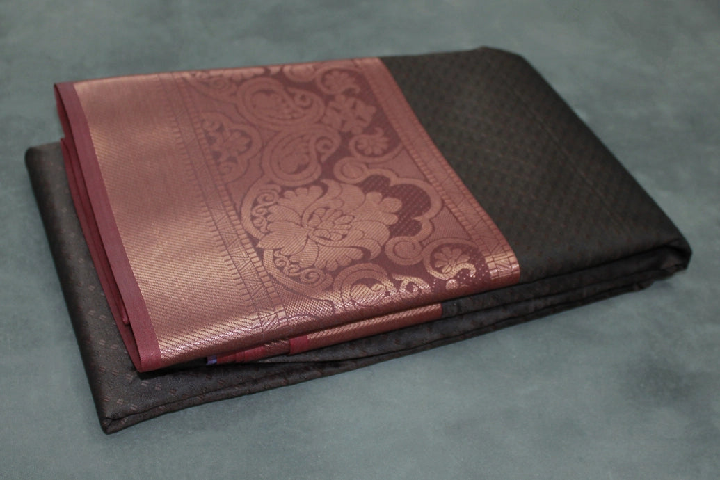 Dark Brown Emboss Silk Saree with Semi Silk Design Border and Contrast Finish