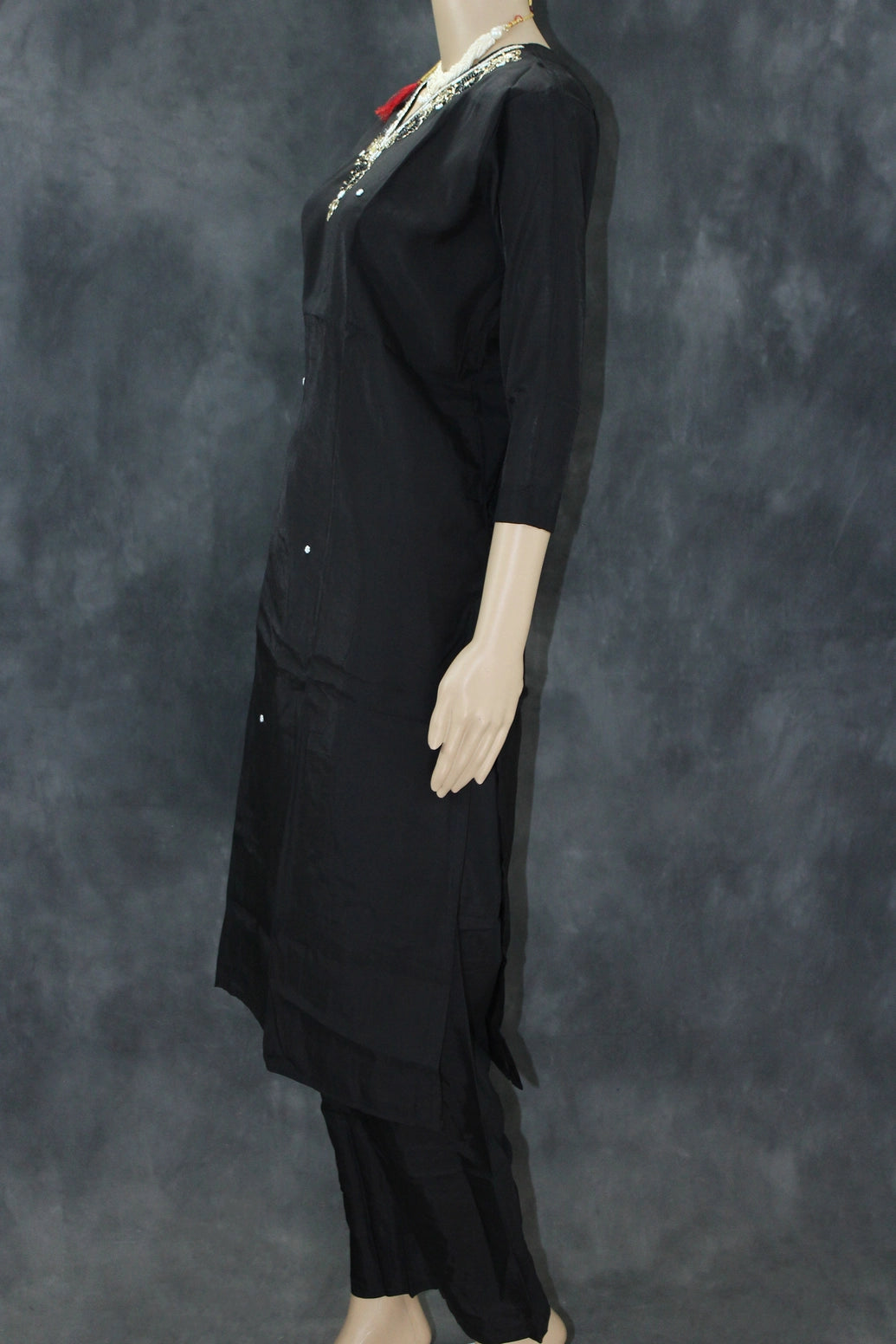 Black Silk 3-Piece Pakistani Salwar Suit with Embroidered V-Neck and Organza Dupatta