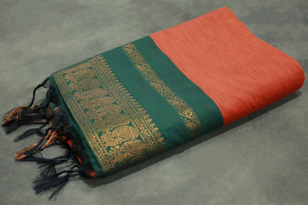 Burnt Orange Kalyani Cotton Saree with Puthha Design and Zari Border and Blouse