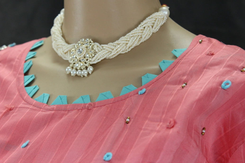 Pink Silk-Cotton Embellished Kurti Set with Pearl Beads, Aari & Thread Work - Top with Elastic Pant Kurti JCS Fashions