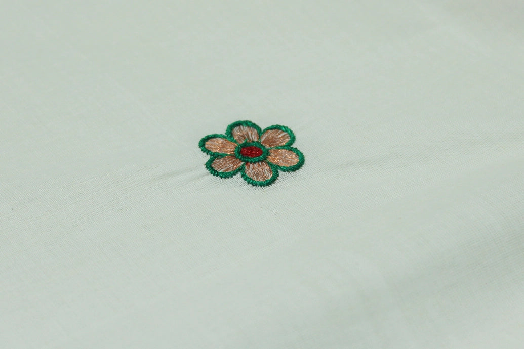 Pure Kerala Cotton White Saree with Copper Zari Border and Embroidered Peacock Floral Pallu
