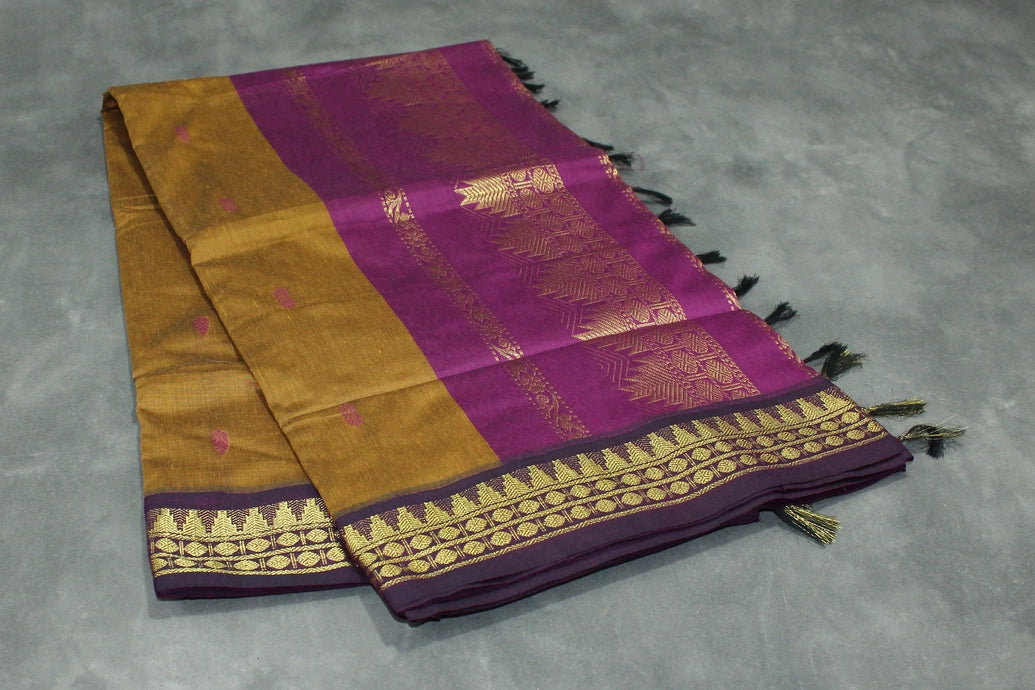 Silk Cotton Dark Mustard Saree with Purple Grand Pallu and Thick Zari Border Saree JCS Fashions
