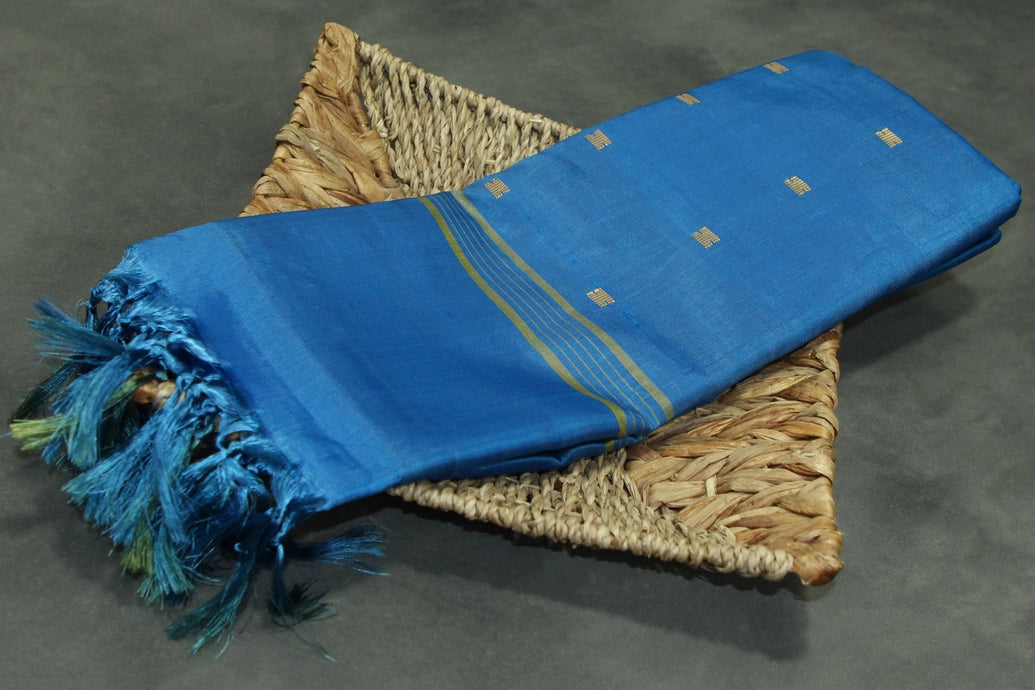 Blue & Orange Vaazhai Naar (Banana Pith) Saree with Small Gold Butta - Borderless Traditional Saree