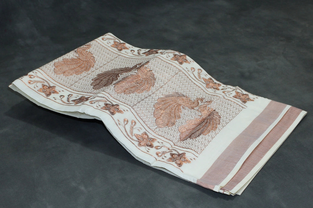 Pure Kerala Cotton White Saree with Copper Zari Peacock & Floral Machine Embroidery, Lightweight Traditional Saree with Blouse Piece