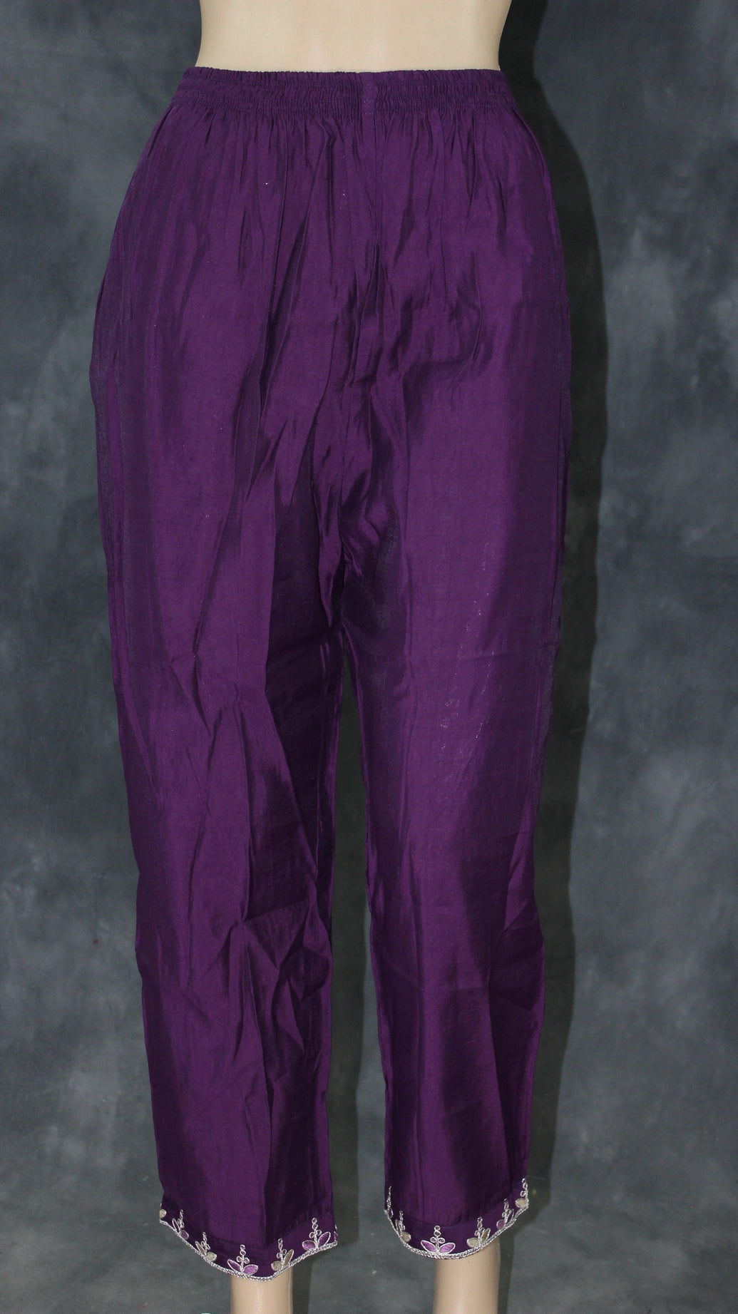 Dark Purple Roman Silk Kurti Pant Set with V-Neck Handwork, Sequins & Zari, Digital Organza Dupatta