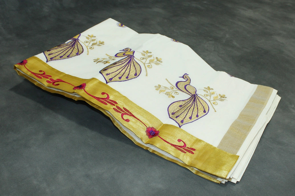 White Kerala Cotton Saree with Gold Zari and Purple Peacock Machine Embroidery, Includes Blouse Piece