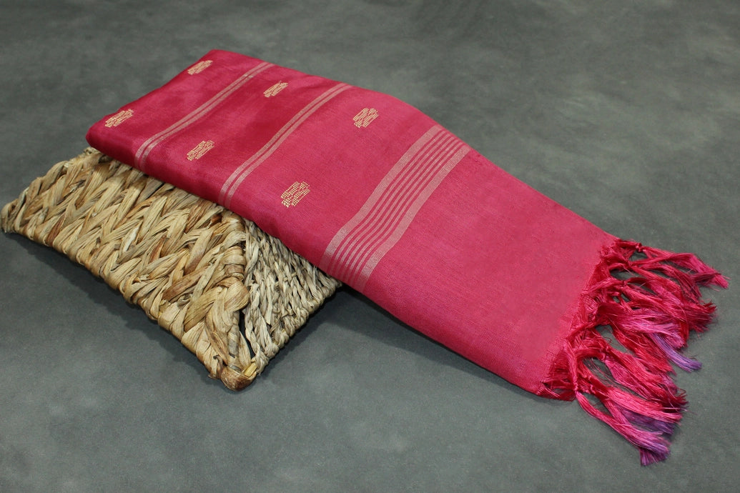Pinkish Red Vaazhai Naar (Banana Pith) Borderless Saree with Small Buttas