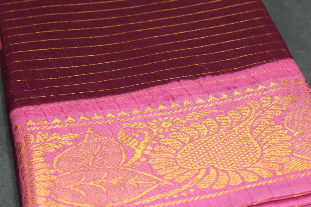 Purple Sungudi Cotton Checked Saree with Pink Peacock Gold Zari Double Border - Unstitched Blouse Included Saree JCS Fashions