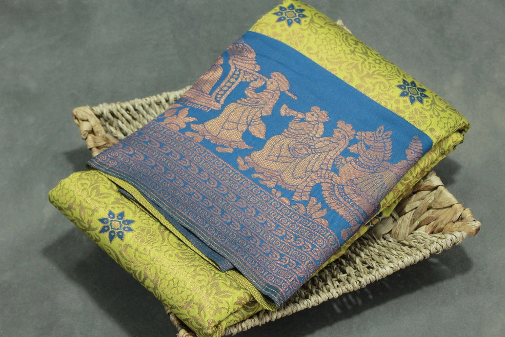 Green Kubera Pattu Saree with Pallakku Border and Matching Blouse