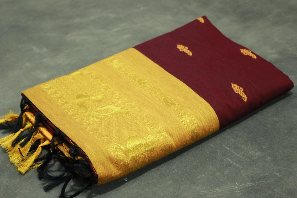 Maroon Kalyani Cotton Saree with Puttam Design and Zari Border and Blouse