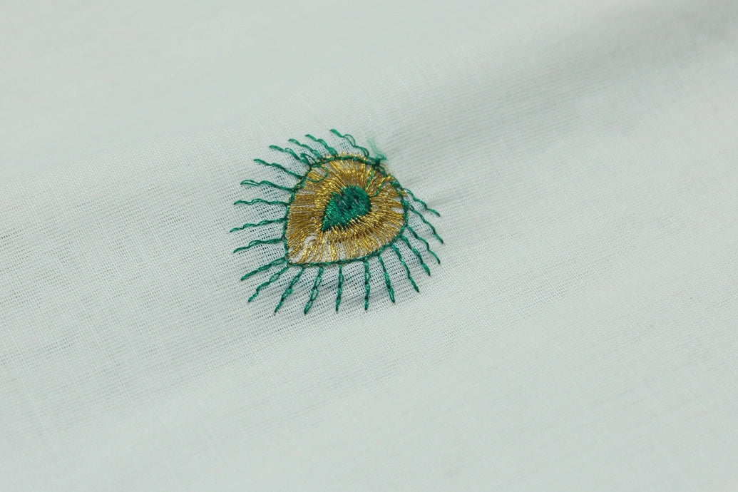 White Kerala Cotton Saree with Gold Zari and Green Peacock Thread Embroidery, Lightweight Traditional Pallu, Includes Blouse Piece