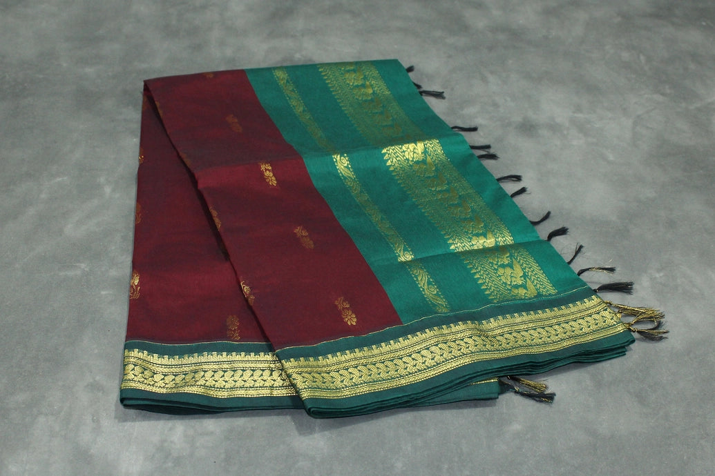 Maroon and Green Silk Cotton Saree with Thick Zari Border and Grand Pallu Saree JCS Fashions