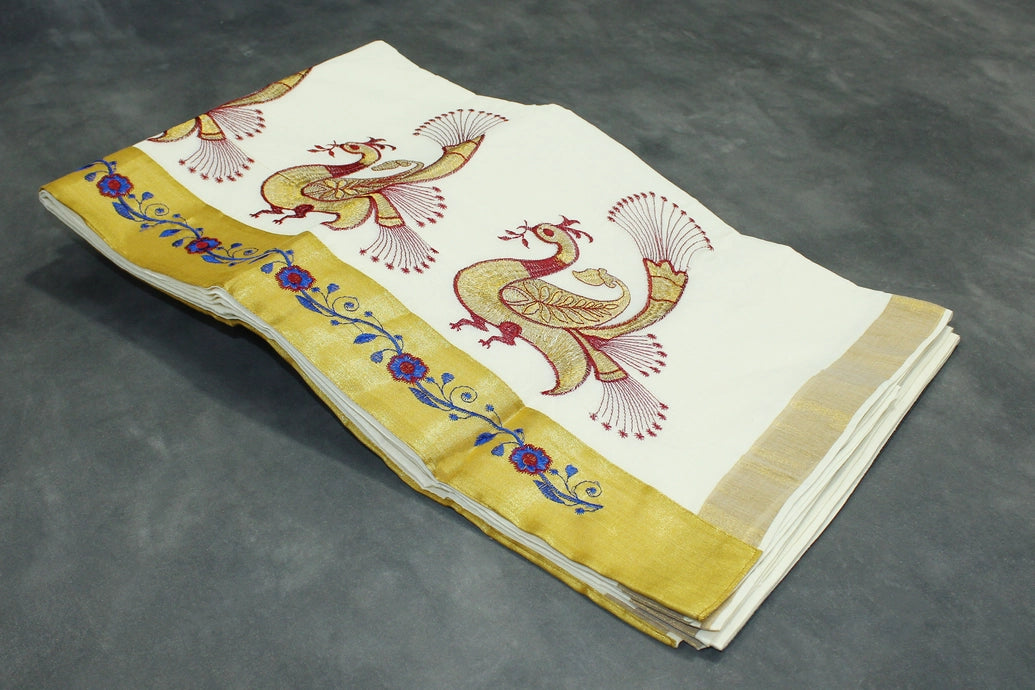 Pure Kerala Cotton White Saree with Peacock Zari Embroidery