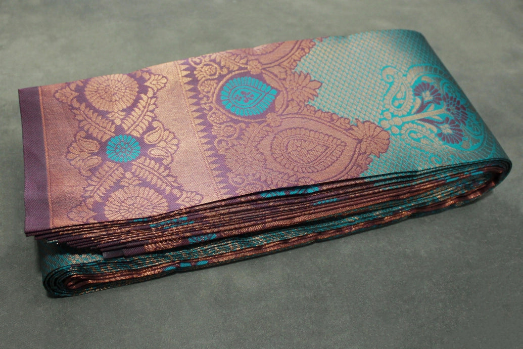 Dark Teal Kubera Pattu Silk Saree with Designer Border, Matching Blouse Piece