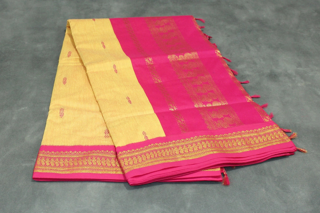 Yellow Silk Cotton Saree with Magenta Grand Pallu and Thick Gold Zari Border Saree JCS Fashions