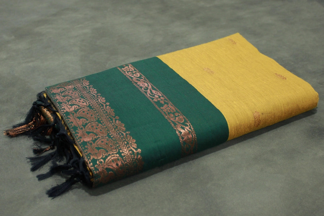 Mustard Kalyani Cotton Saree with Putta Design and Zari Border, Comes with Blouse