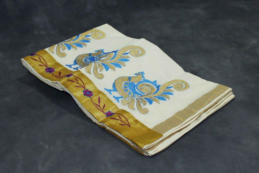 Pure Kerala Cotton White Saree with Gold Zari Border and Blue Peacock Embroidery - Blouse Included