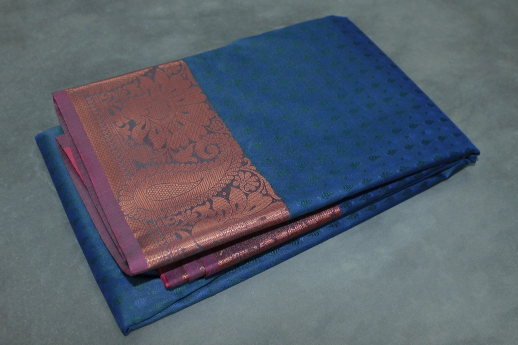 Dark Blue Emboss Silk Saree with Semi Silk Border and Traditional Floral Weave Design