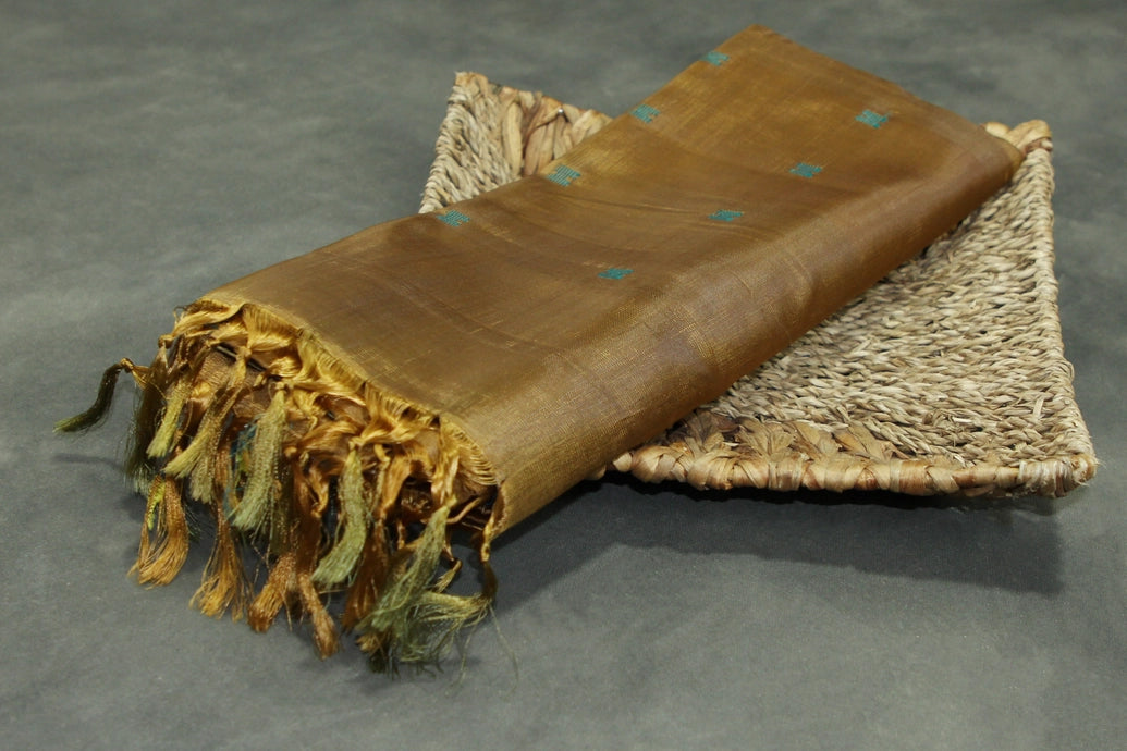 Banana Pith (Vaazhai Naar) Golden Brown Borderless Saree with Teal Butta Motifs - Handwoven