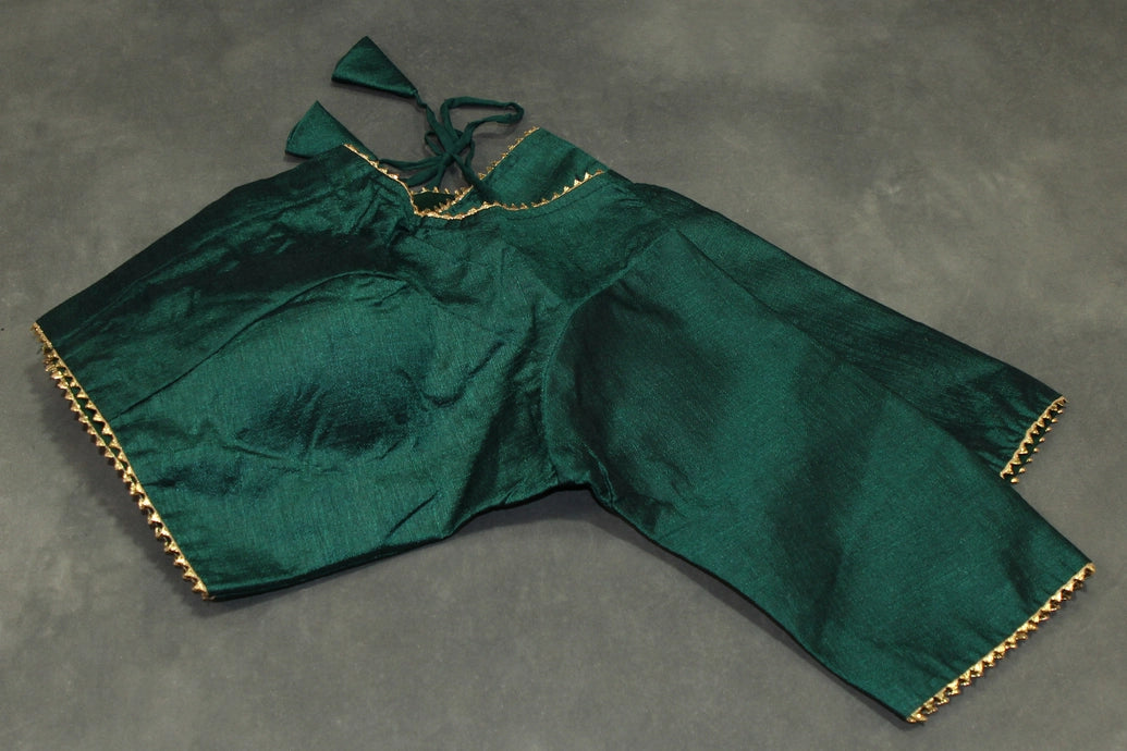 Readymade Designer Green Raw Silk Padded Blouse, Elbow Sleeves, Back Knot, Fully Stitched Blouse JCS Fashions