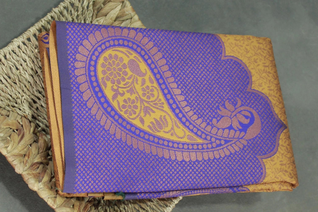 Golden Kubera Pattu Saree with Mango Design Border, Comes with Blouse
