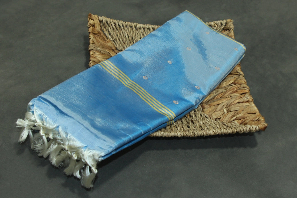 Blue Vaazhai Naar (Banana Pith) Borderless Saree with Small Butta and Gold Pallu