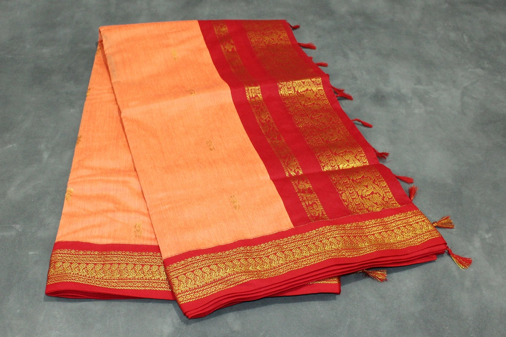 Silk cotton sarees with grand pallu and thick Zari border both sides. Full body small butties. With blouse