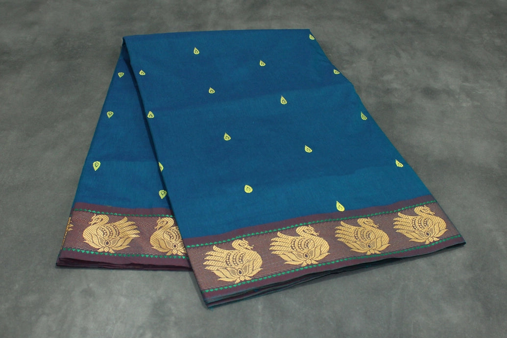 Rama Blue & Yellow Poly Cotton Butta Saree with Thread Border Saree JCS Fashions