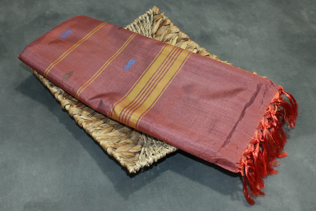 Blue & Brown Vaazhai Naar (Banana Pith) Saree with Zari Border and Small Butta