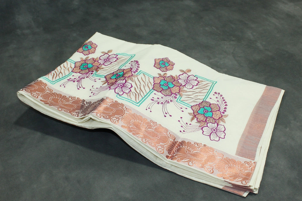 Pure Kerala Cotton White Saree with Copper Zari Floral & Peacock Embroidery