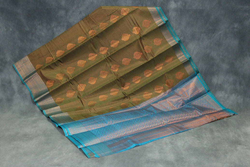 Bridal Kubera Pattu Saree Mehendi Green with Teal Blue Zari Border - Full Body Zari Work Saree JCS Fashions