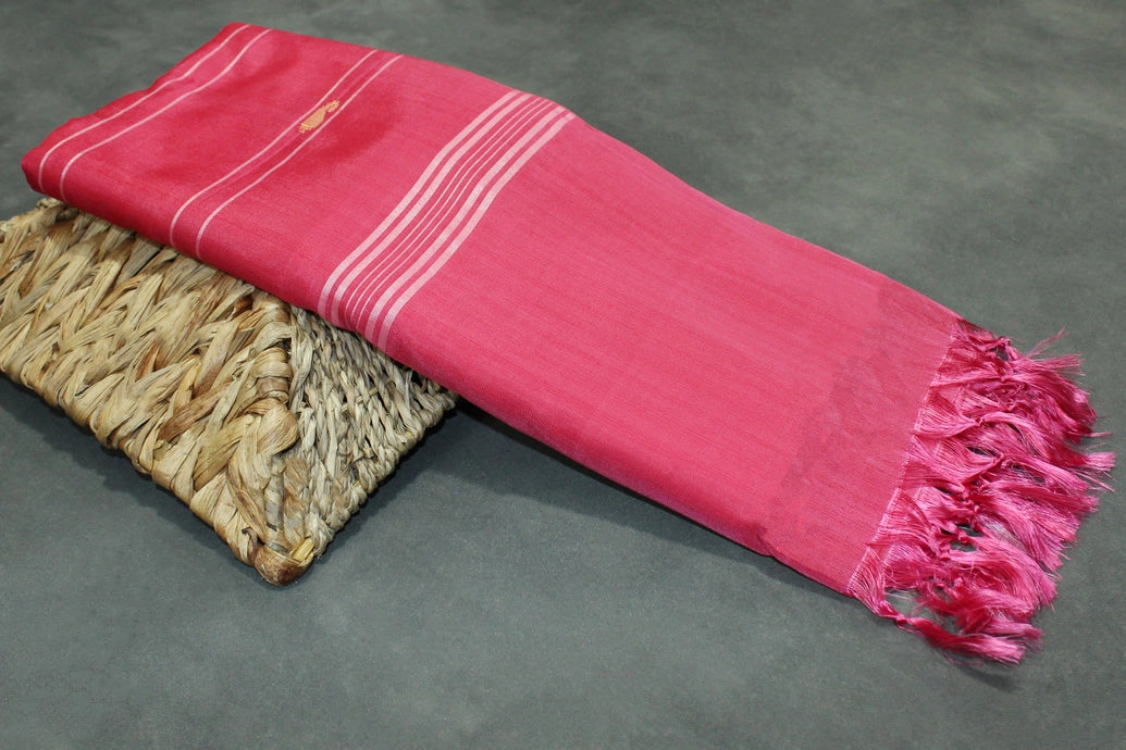 Hot Pink Vaazhai Naar (Banana Pith) Saree - Borderless Body with Subtle Stripes and Small Butta Motifs