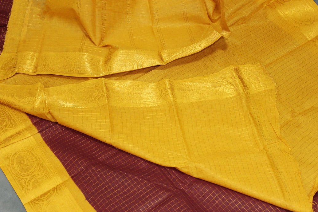 Pure Sungudi Cotton Checked Saree with Peacock Gold Zari Double Border - Brown Saree JCS Fashions