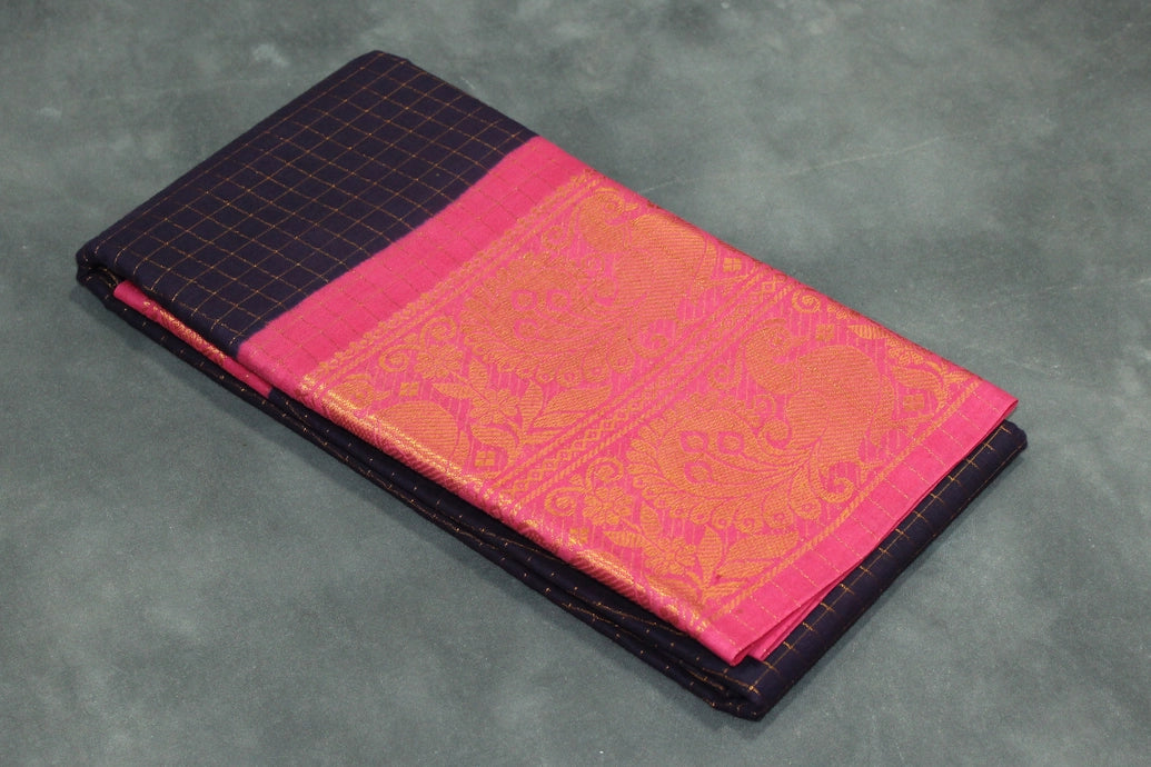 Dark Purple Sungudi Cotton Saree with Checked Zari Body and Pink Peacock Zari Double Border