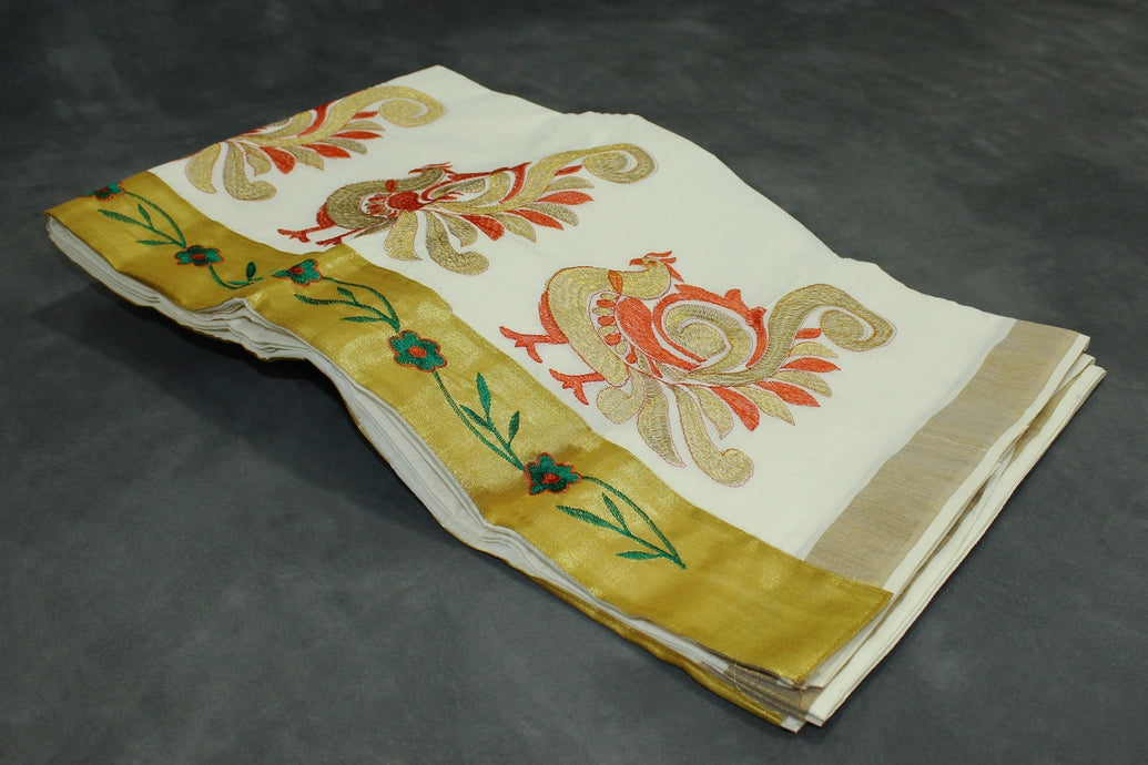 Pure Kerala Cotton White Saree with Gold Zari Peacock Embroidery and Blouse Piece