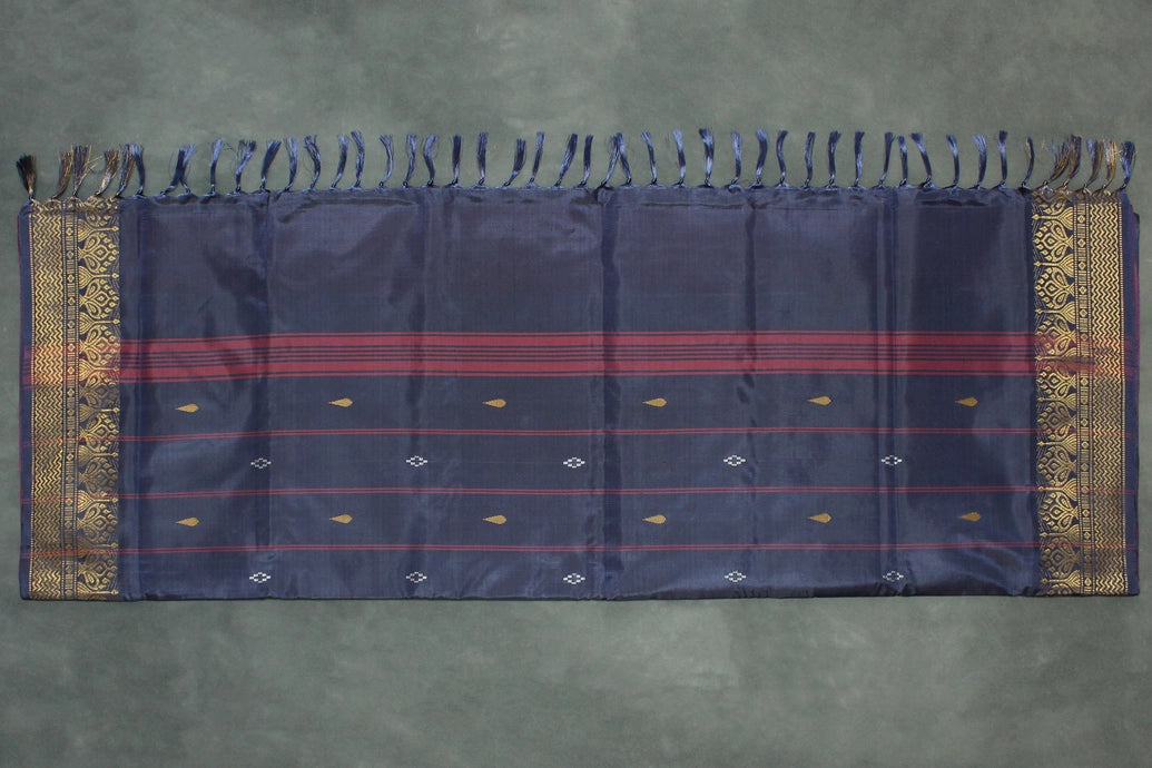 Navy Blue Banana Pith (Vaazhai Naar) Saree with Zari Border and Small Buttas