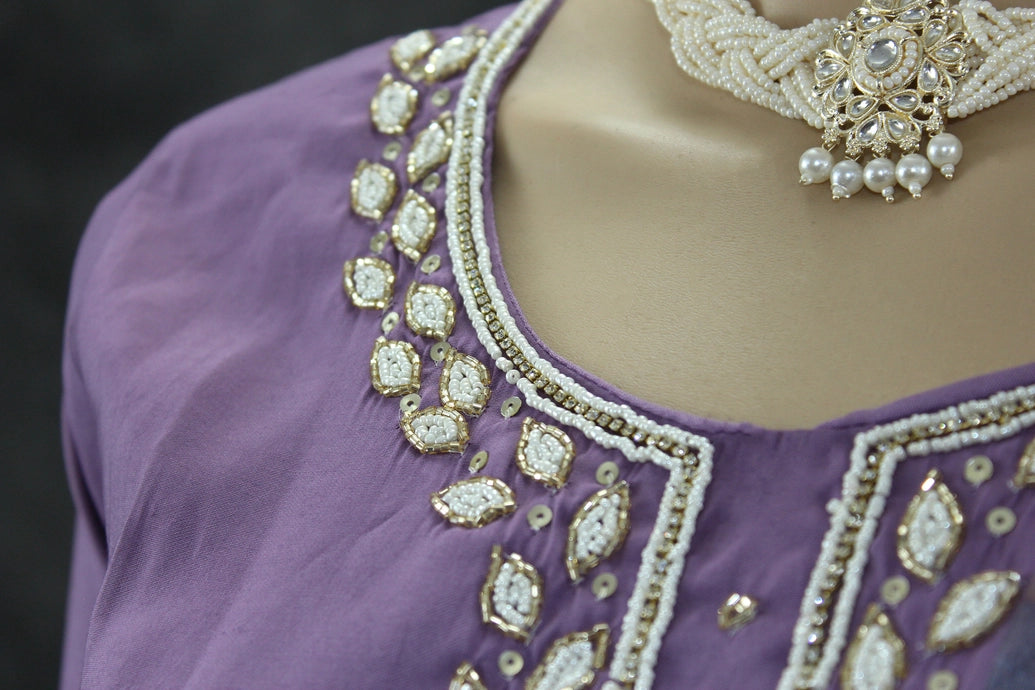 Lavender Roman Silk 3-Piece Salwar Suit with Organza Floral Digital Dupatta and Aari Pearl Neckwork Kurti JCS Fashions