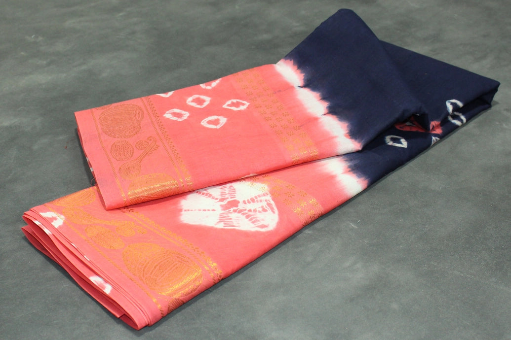 Pure Sungudi Cotton Bandhani Saree with Golden Zari Instrument Motif Border — Navy Blue & Coral, Unstitched Blouse Included