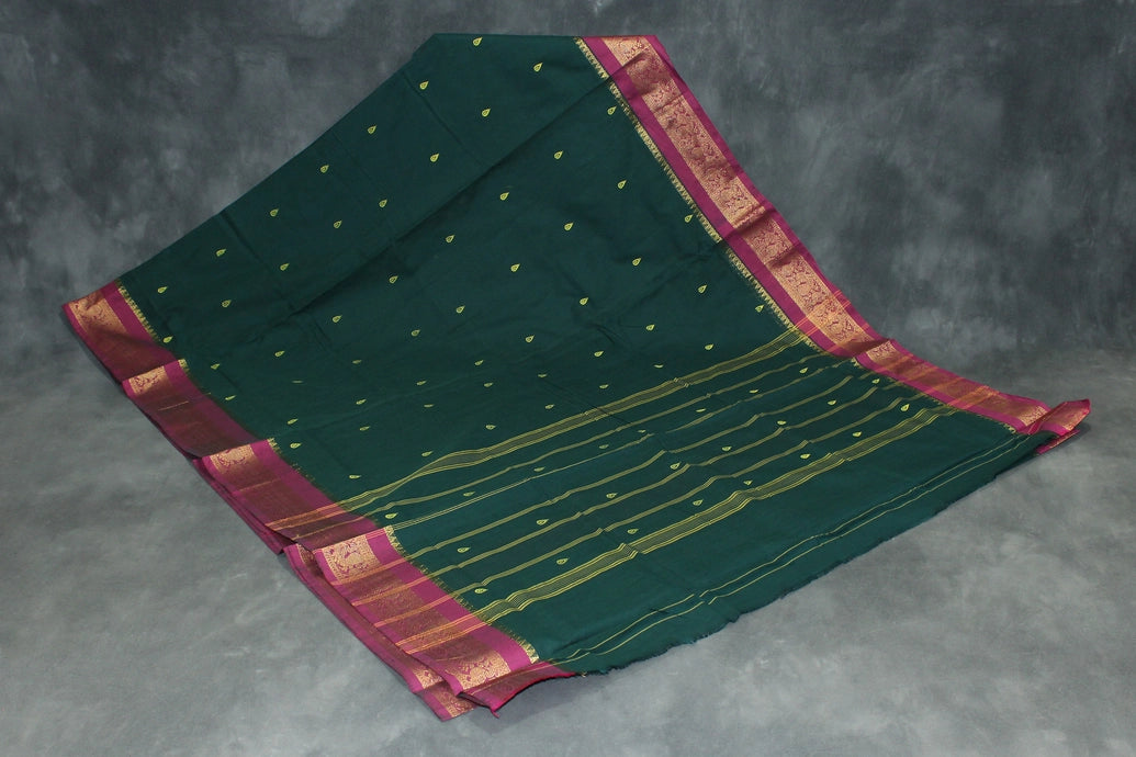 Dark Green Poly Cotton Butta Saree with Maroon Zari Border Saree JCS Fashions