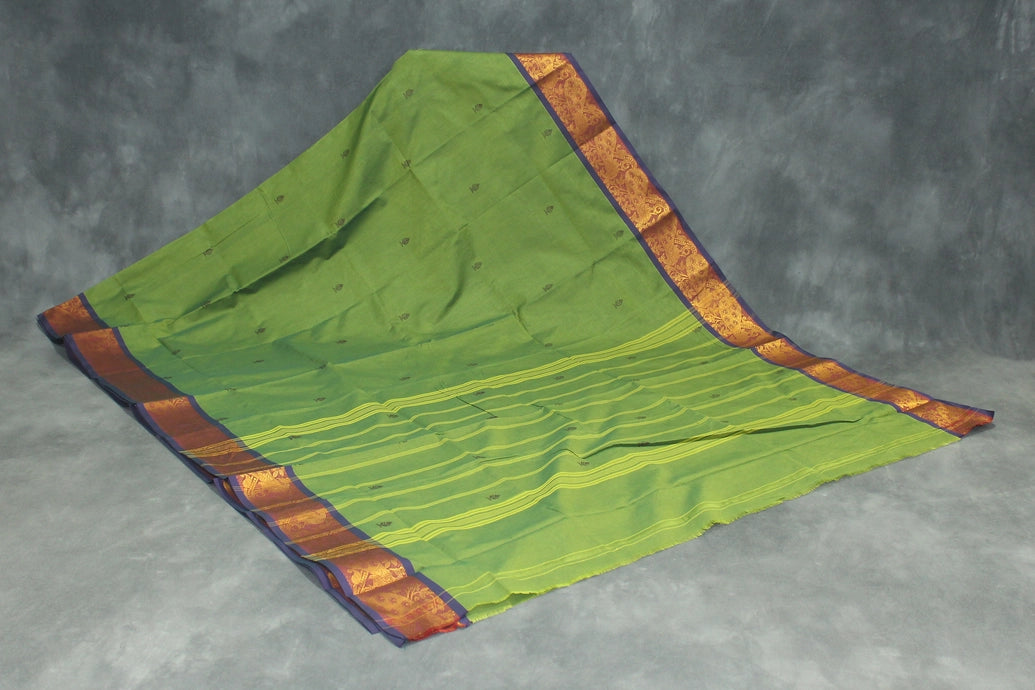 Green Poly-Cotton Butta Saree with Zari Peacock Border and Line Pallu Saree JCS Fashions