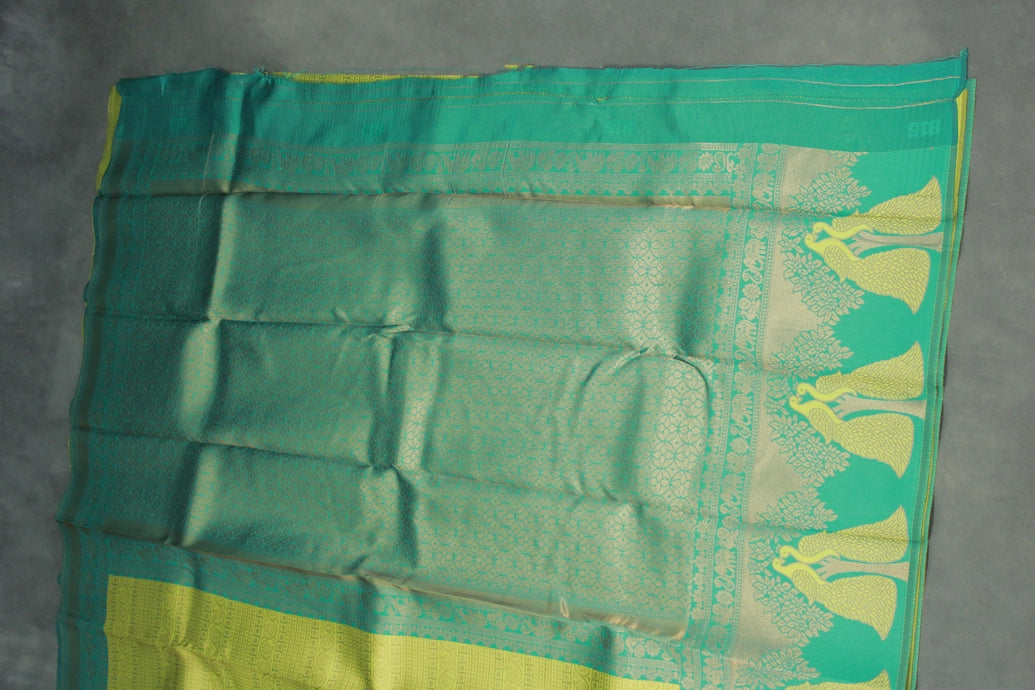 Green Kubera Pattu Saree with Peacock Border and Blouse | Semi Silk