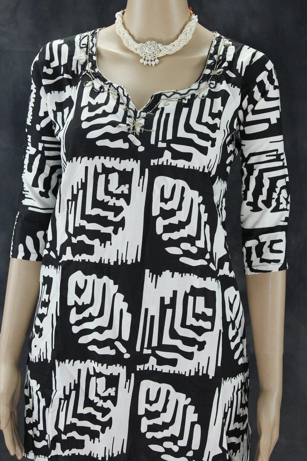 Black & White Rayon Printed Kurti Set with Beaded Neck and Elastic Pant Kurti JCS Fashions