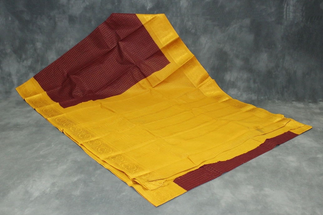 Pure Sungudi Cotton Checked Saree with Peacock Gold Zari Double Border - Brown Saree JCS Fashions