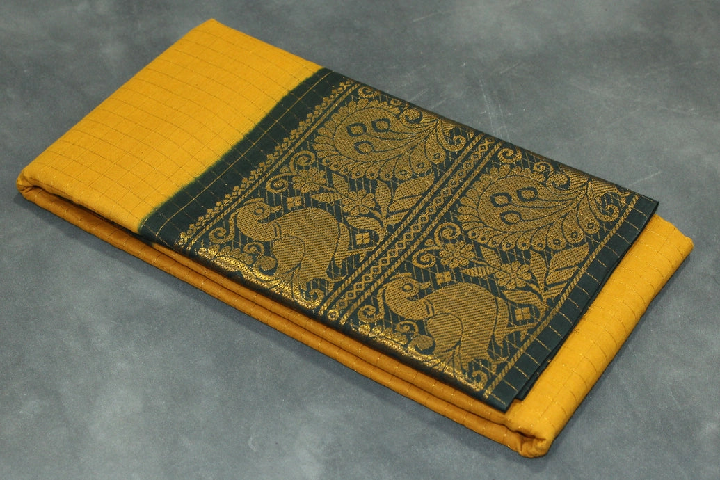 Mustard Yellow Sungudi Cotton Saree with Peacock Gold Zari Double Border