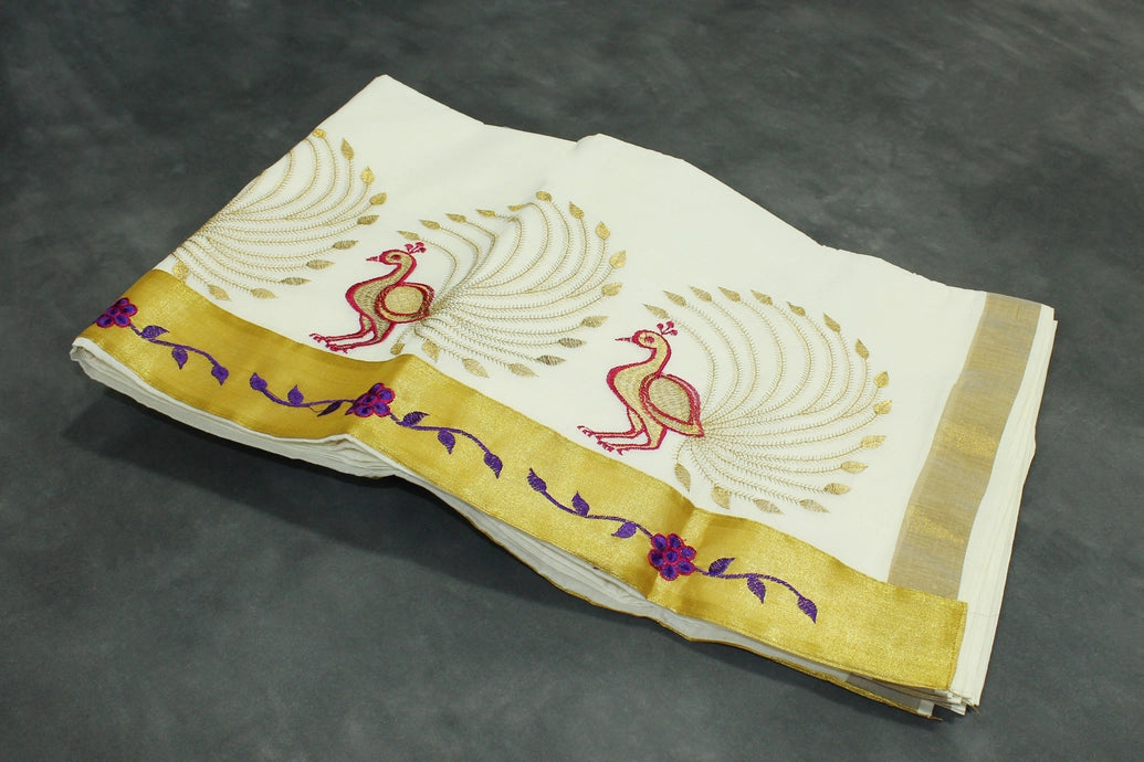 Pure Kerala Cotton White Saree with Gold Zari Peacock Embroidery