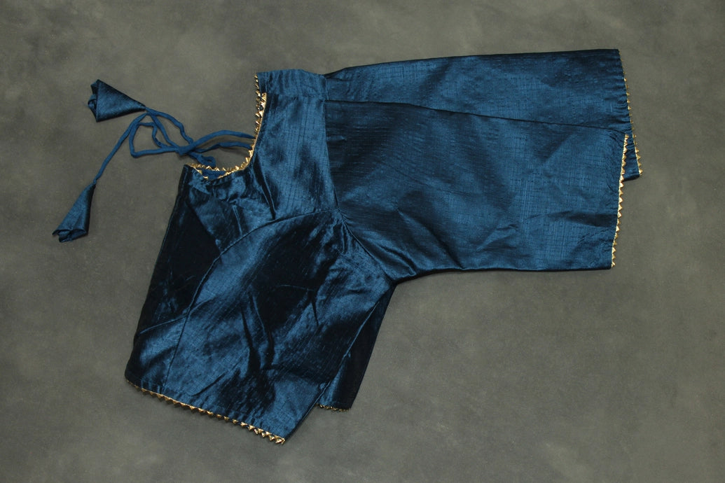 Readymade Navy Blue Raw Silk Padded Designer Blouse with Elbow Sleeves and Back Knot Blouse JCS Fashions
