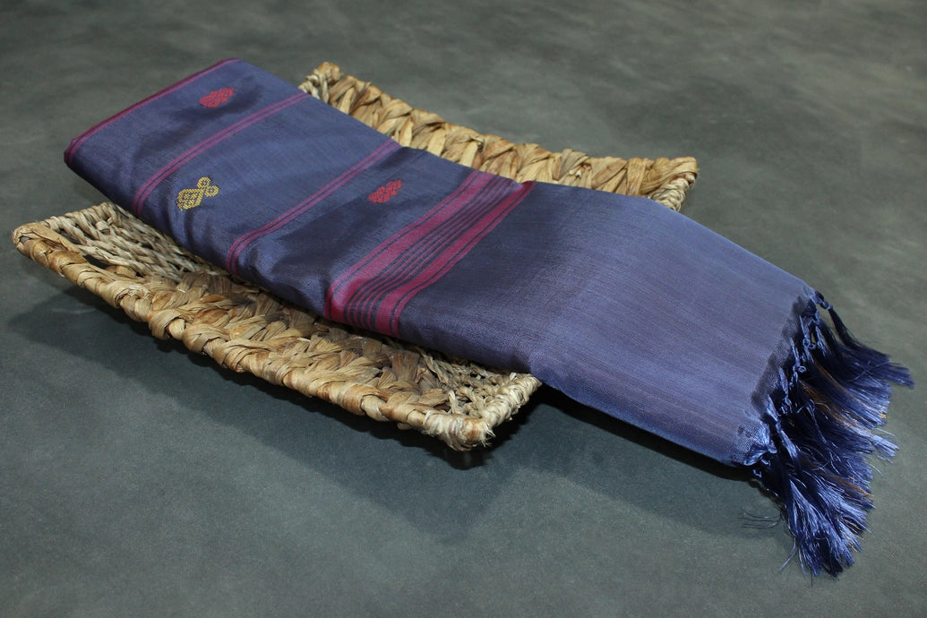 Vaazhai Naar (Banana Pith) Saree in Navy Blue and Orange with Zari Design Border, Full-Body Buttas and Blouse Piece