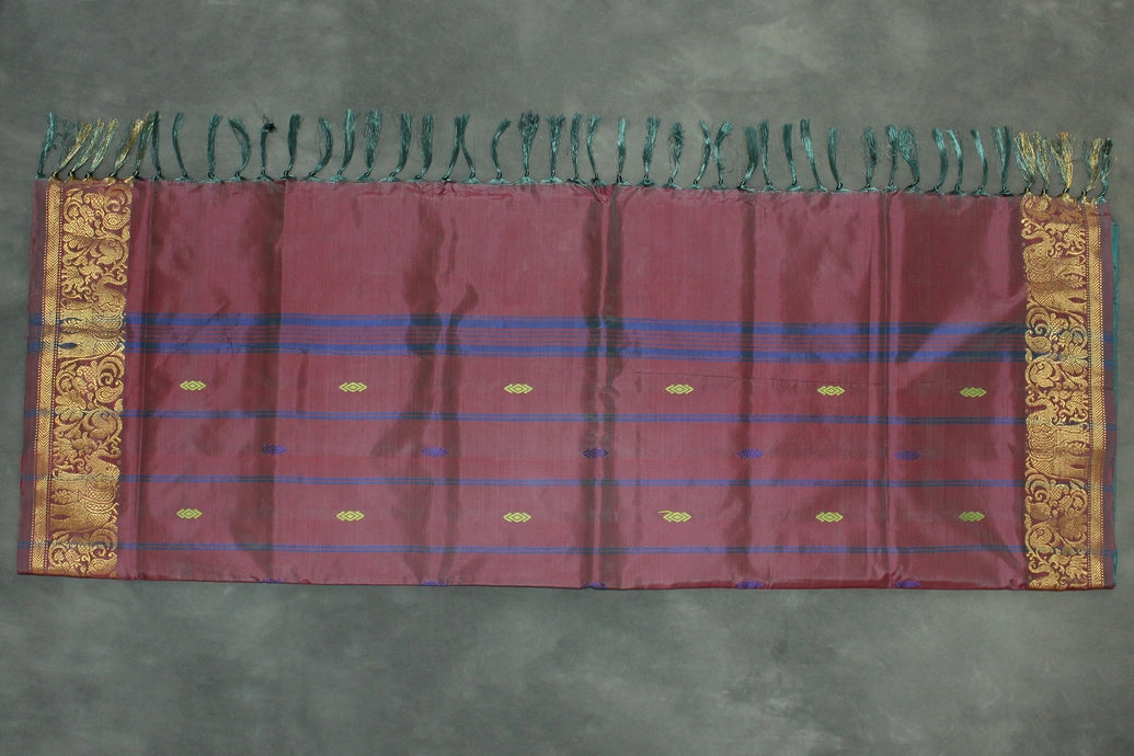 Teal and Maroon Vaazhai Naar Saree with Zari Border and Small Buttas