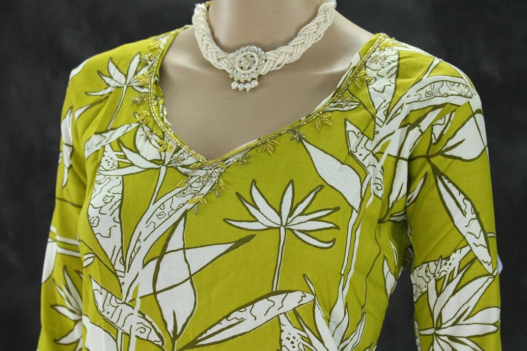 Olive Yellow Rayon 2-Piece co-ord Set with Bead Work Neckline, Elastic Waist Pants and Side Pockets Kurti JCS Fashions