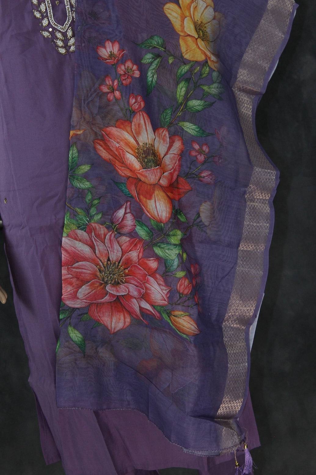 Lavender Roman Silk 3-Piece Salwar Suit with Organza Floral Digital Dupatta and Aari Pearl Neckwork Kurti JCS Fashions